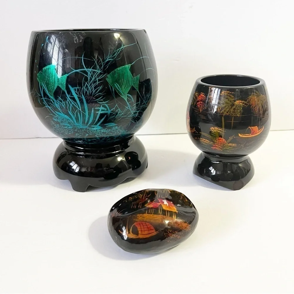 Black Lacquer Footed Wooden Bowl Boat Koi Iridescent Blue Paperweight Vietnam 3x